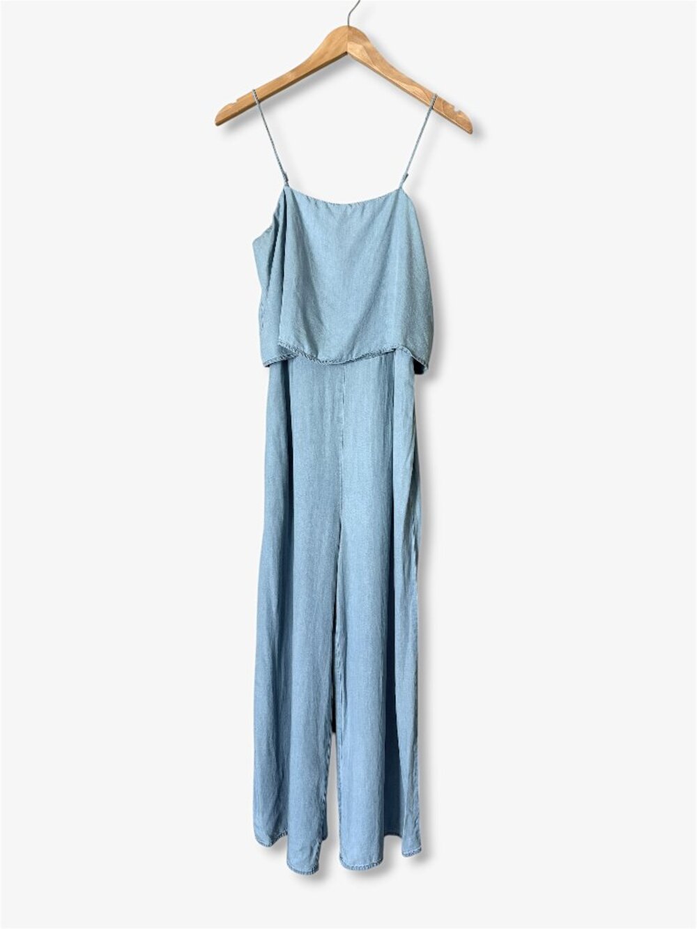 1250C Light Wash Tencel Wide Leg Jumpsuit Pockets Chambray Blue Resort Womens S